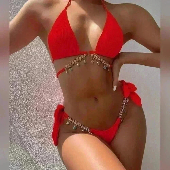 RED JEWELED TYE UP BIKINI SIZE  MED - Picture 1 of 6